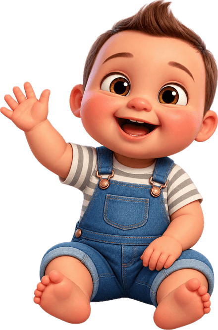 The series mascot — a smiling toddler in denim dungarees, waving hello